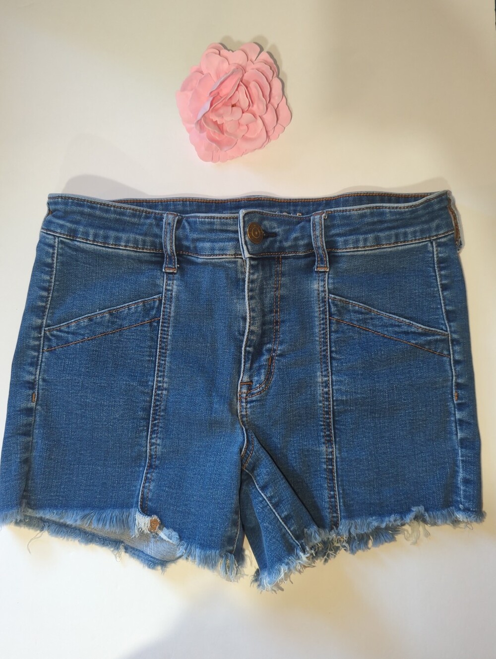 American Eagle Outfitters Blue Denim Frayed-Hem Jean Midi High Rise Shorts 12